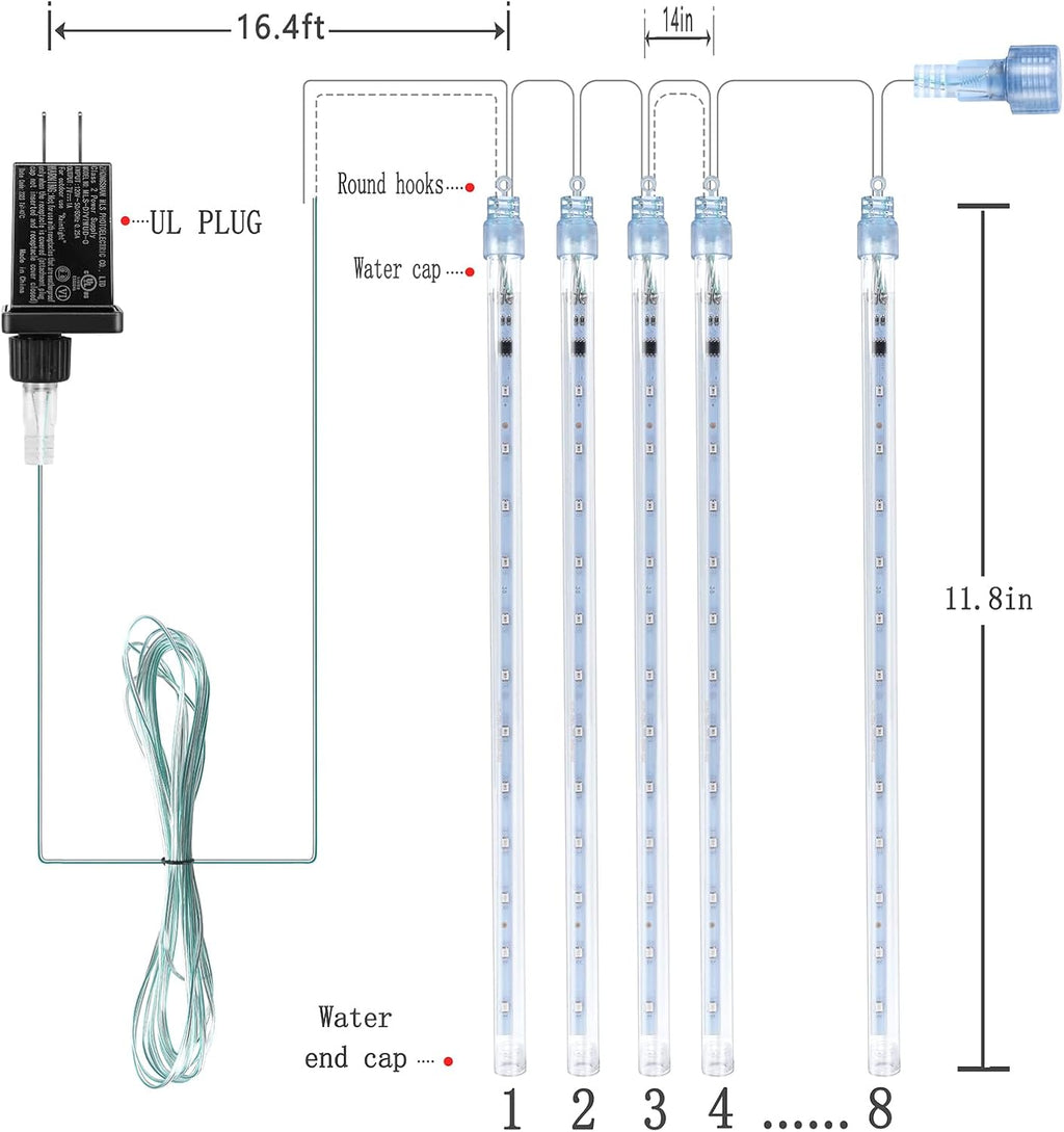 Meteor Shower Icicle Lights Outdoor - 8 Tubes, 192 LEDs, White, UL Plug