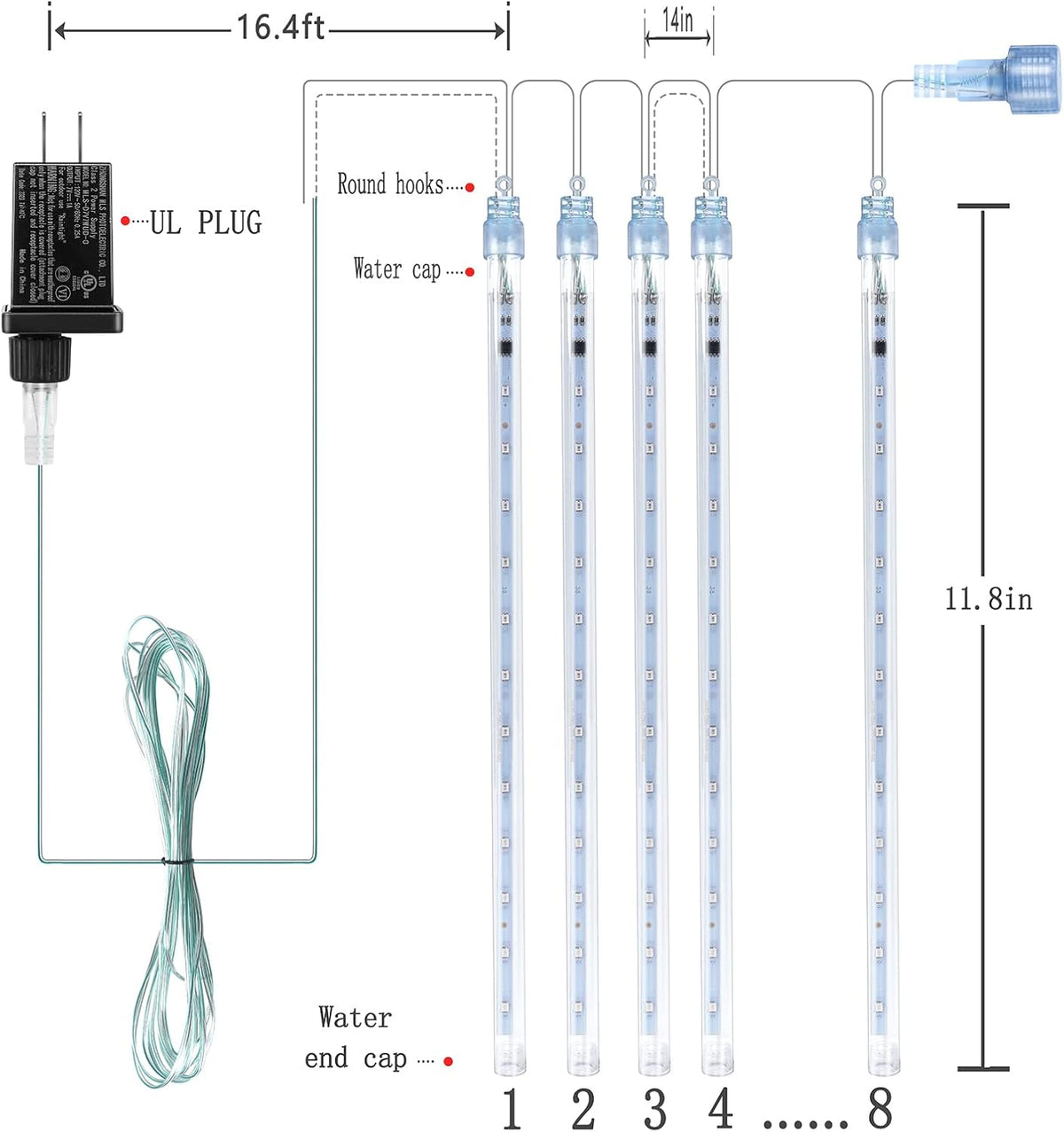 Meteor Shower Icicle Lights Outdoor - 8 Tubes, 192 LEDs, White, UL Plug