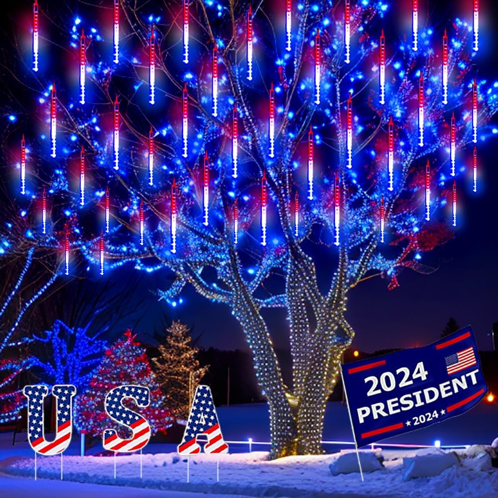 Meteor Shower Icicle Lights Outdoor - 8 Tubes, 192 LEDs, White, UL Plug