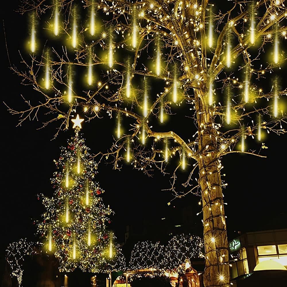 Meteor Shower Icicle Lights Outdoor - 8 Tubes, 192 LEDs, White, UL Plug