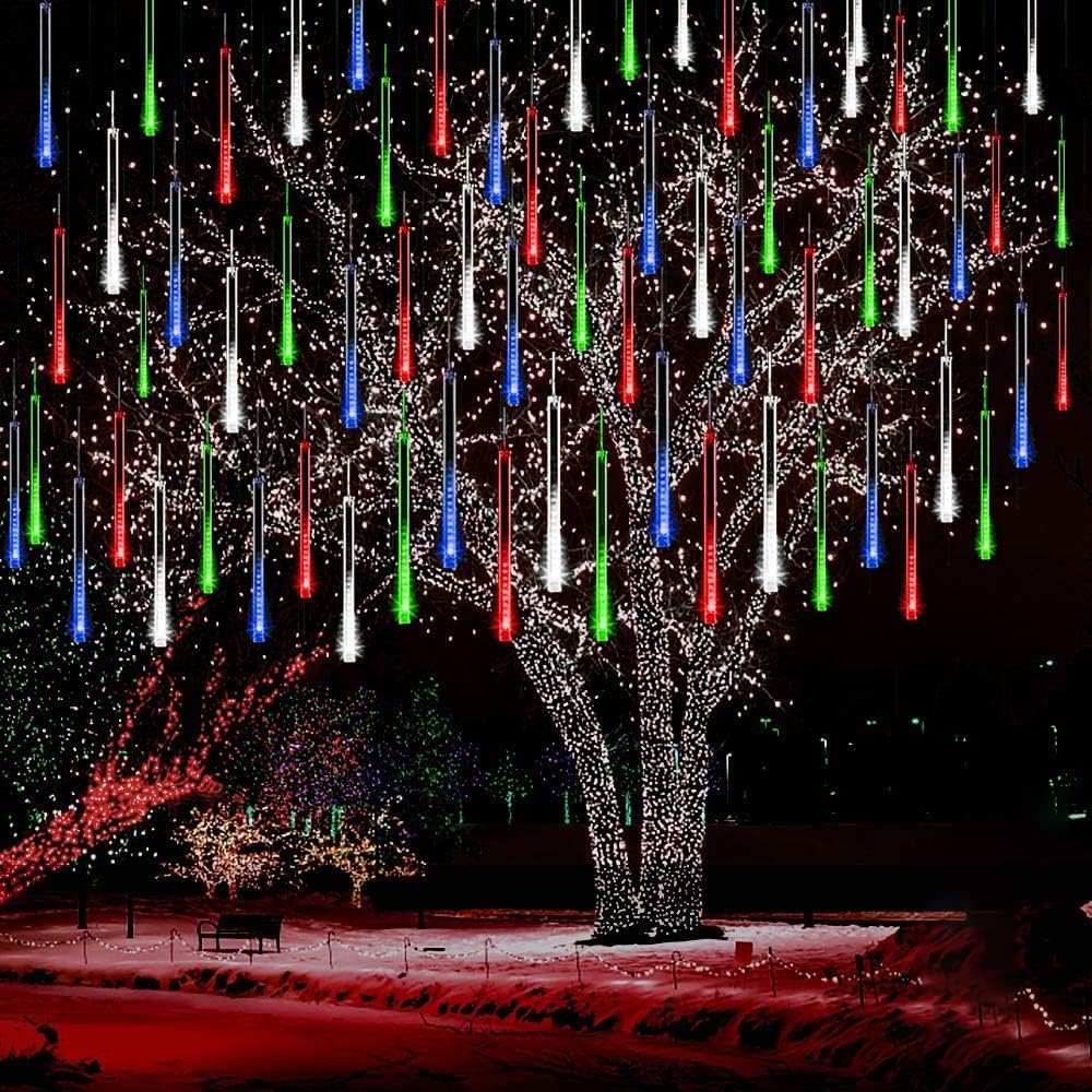 Meteor Shower Icicle Lights Outdoor - 8 Tubes, 192 LEDs, White, UL Plug