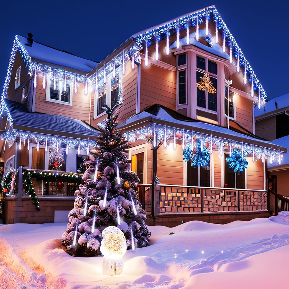 Meteor Shower Icicle Lights Outdoor - 8 Tubes, 192 LEDs, White, UL Plug