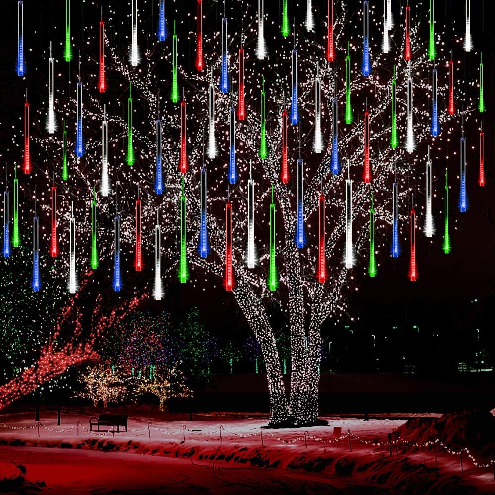 Meteor Shower Icicle Lights Outdoor - 8 Tubes, 192 LEDs, White, UL Plug