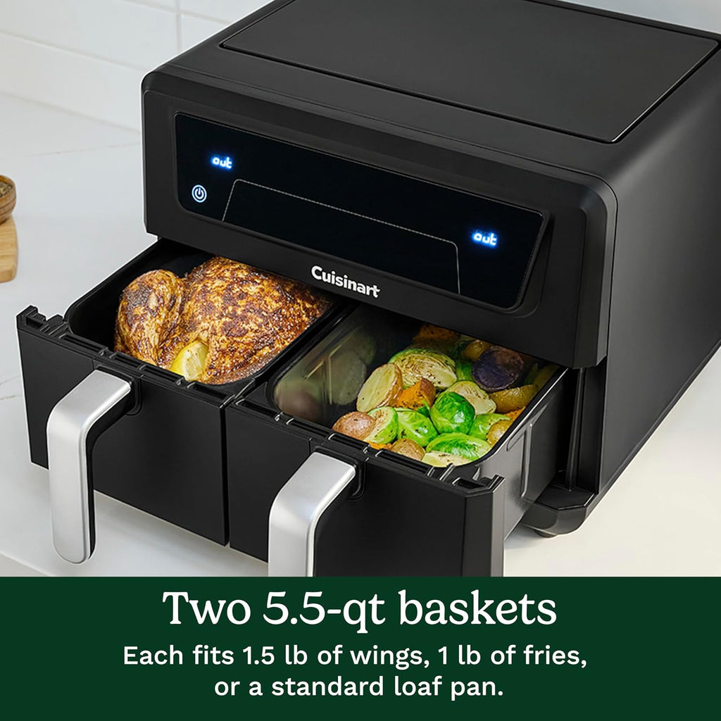 Cuisinart Dual Basket Air Fryer, Two Baskets Totals 11 QT, 4 Function Air Fryer to Air Fry, Roast, Bake & Keep Warm, Features Sync Finish & Settings, Toss Reminder, Automatic Warm Mode & Auto-Pause