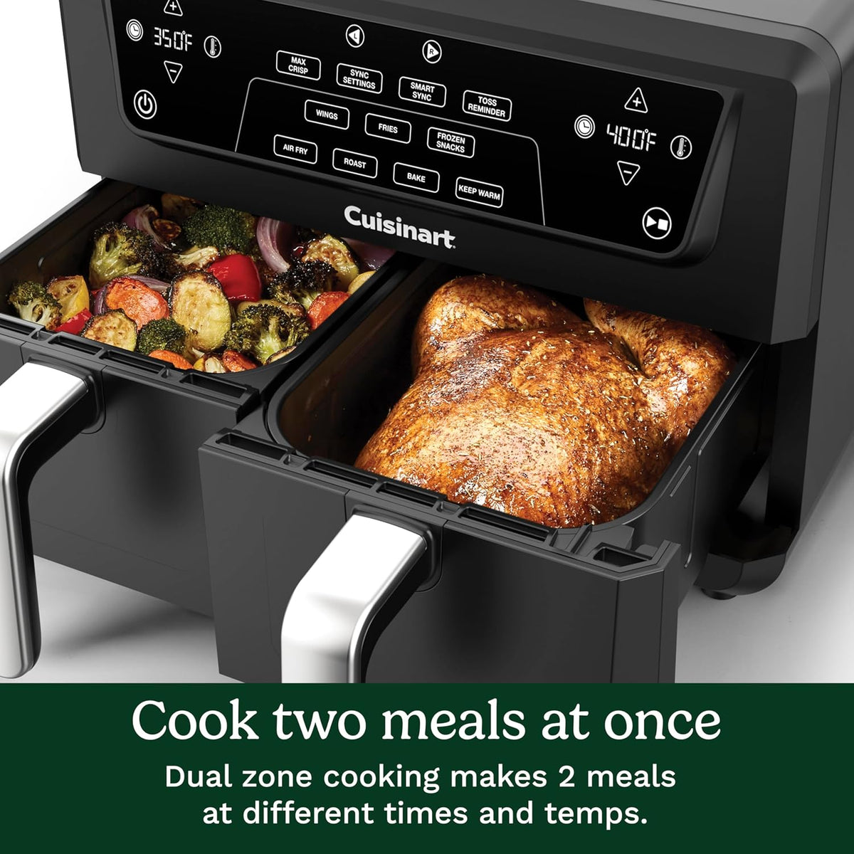 Cuisinart Dual Basket Air Fryer, Two Baskets Totals 11 QT, 4 Function Air Fryer to Air Fry, Roast, Bake & Keep Warm, Features Sync Finish & Settings, Toss Reminder, Automatic Warm Mode & Auto-Pause
