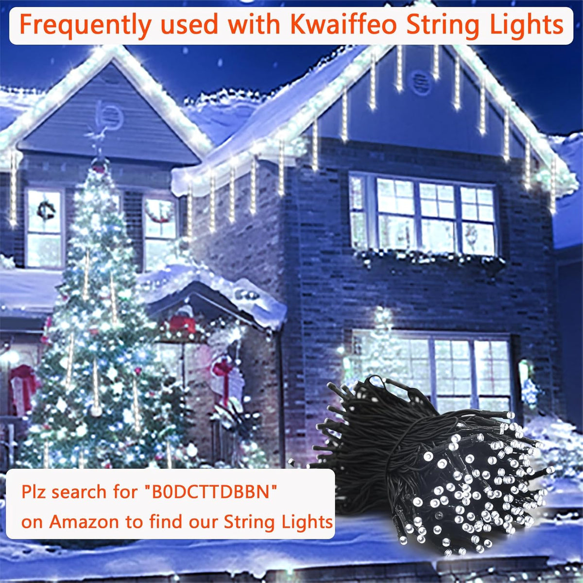 Meteor Shower Icicle Lights Outdoor - 8 Tubes, 192 LEDs, White, UL Plug
