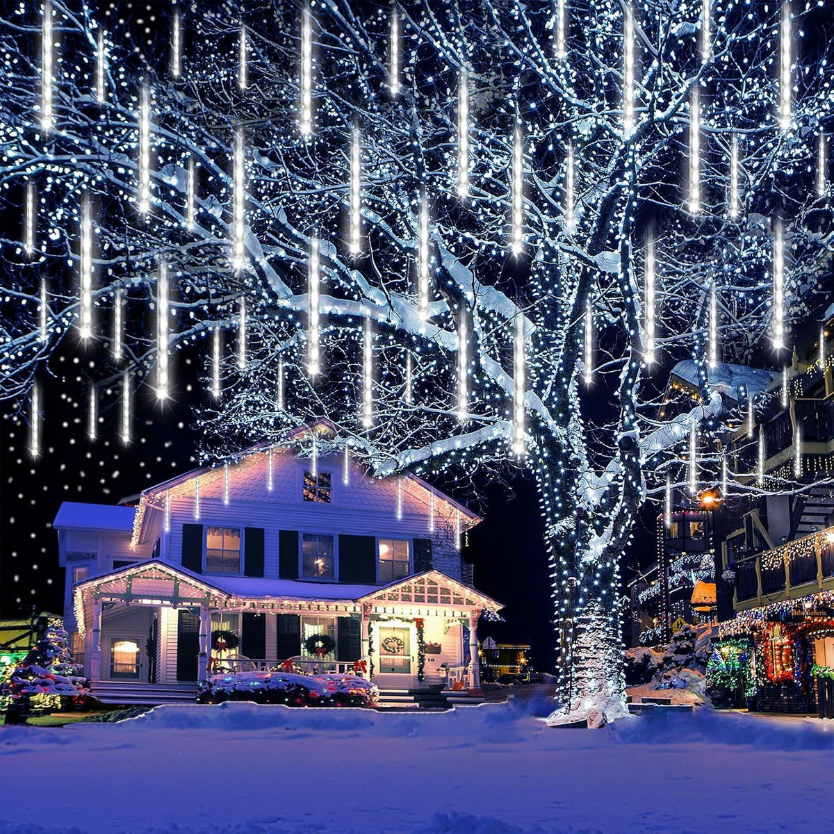 Meteor Shower Icicle Lights Outdoor - 8 Tubes, 192 LEDs, White, UL Plug