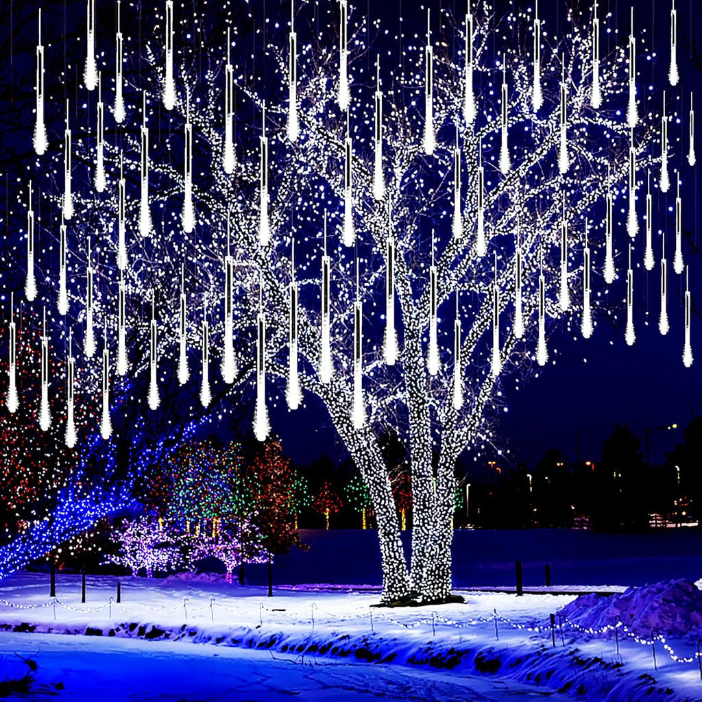 Meteor Shower Icicle Lights Outdoor - 8 Tubes, 192 LEDs, White, UL Plug