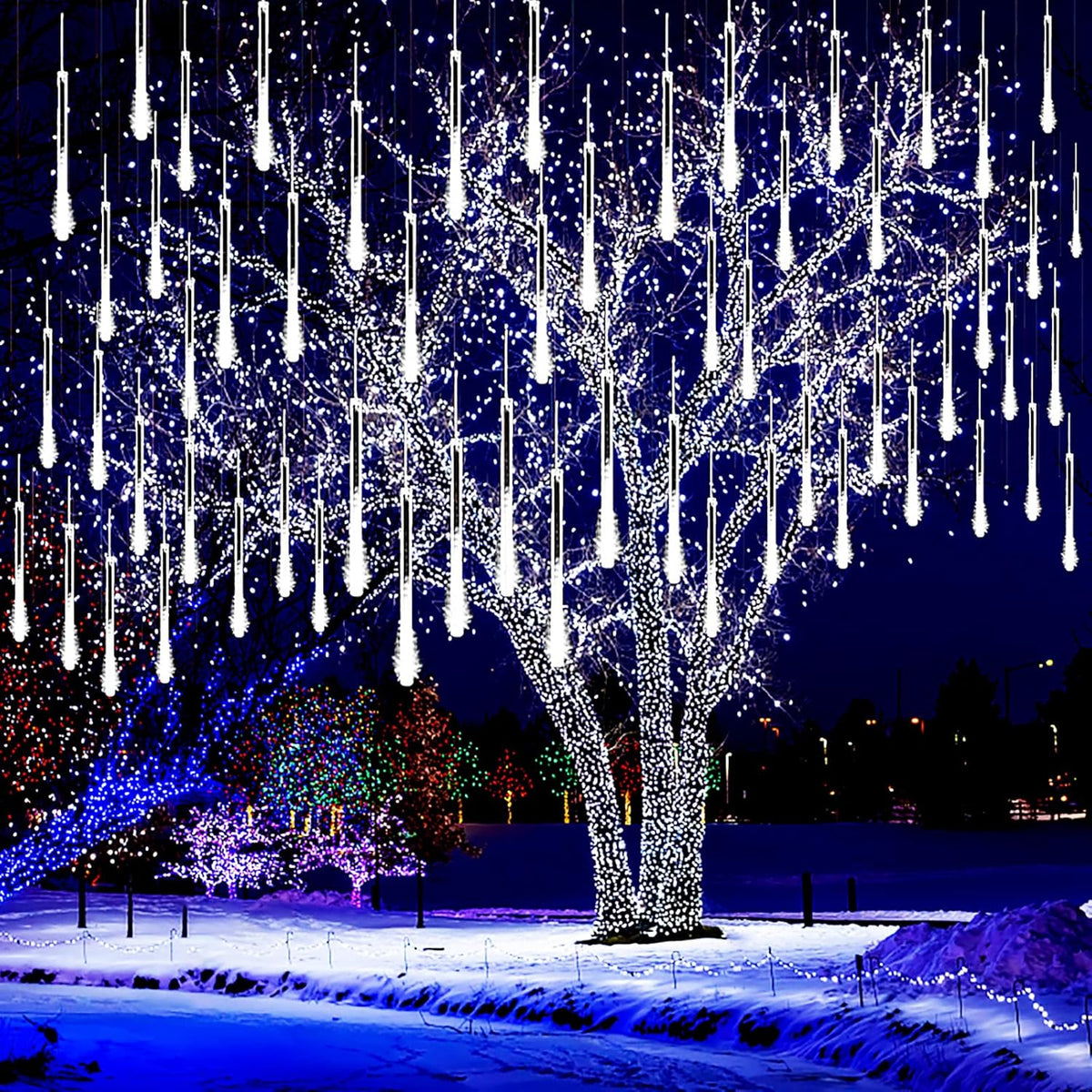 Meteor Shower Icicle Lights Outdoor - 8 Tubes, 192 LEDs, White, UL Plug