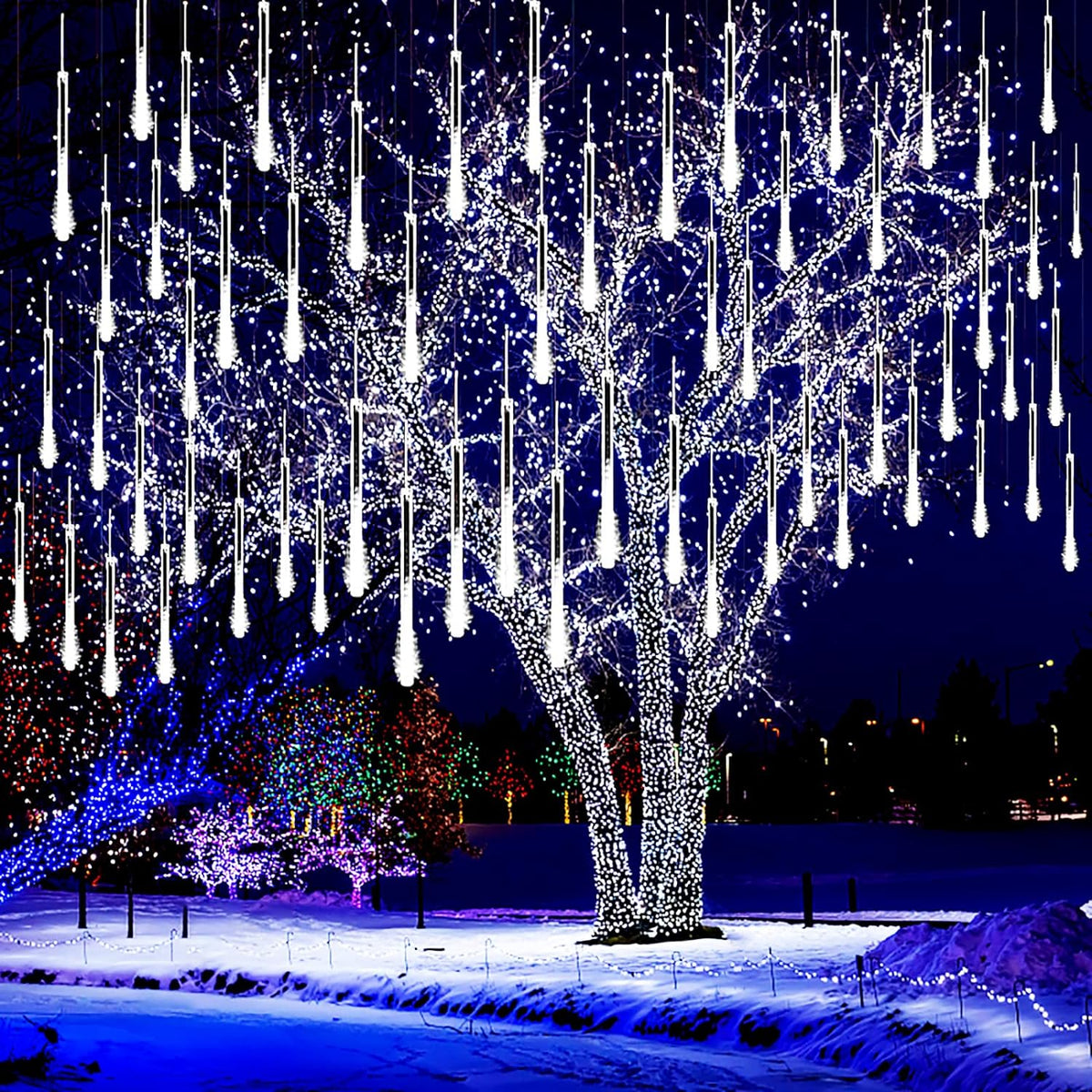 Meteor Shower Icicle Lights Outdoor - 8 Tubes, 192 LEDs, White, UL Plug