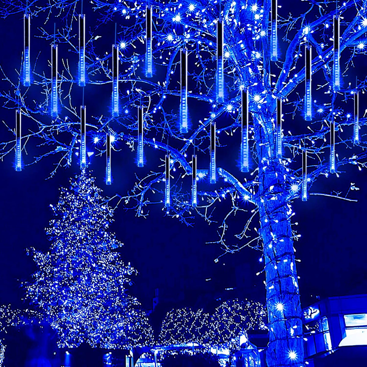 Meteor Shower Icicle Lights Outdoor - 8 Tubes, 192 LEDs, White, UL Plug
