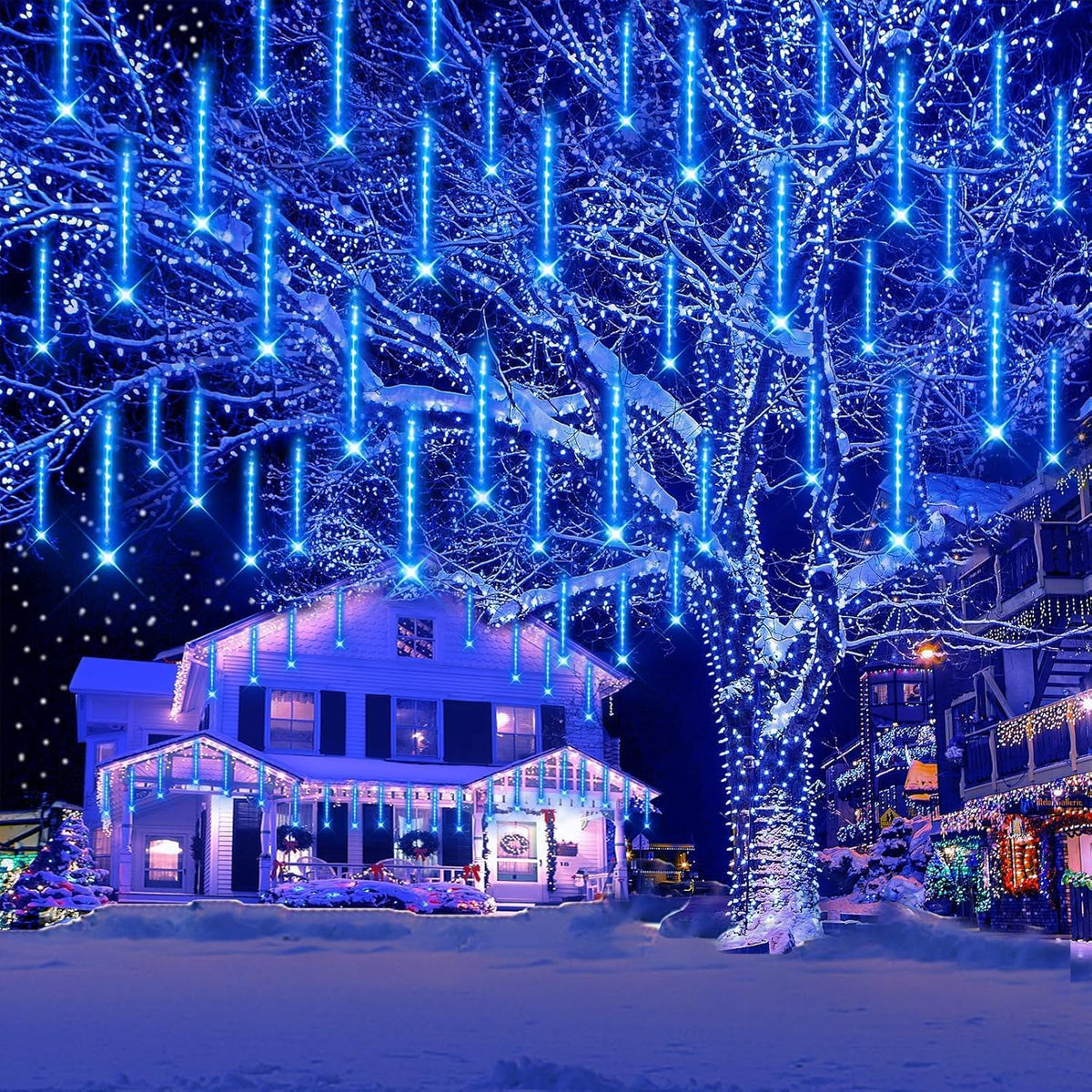 Meteor Shower Icicle Lights Outdoor - 8 Tubes, 192 LEDs, White, UL Plug