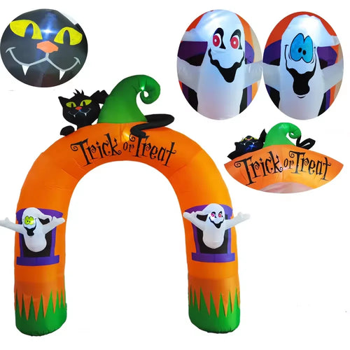 10FT Giant Inflatable Arch with Black Cat and Ghosts Outdoor Patio Lawn Halloween Inflatable Decorations